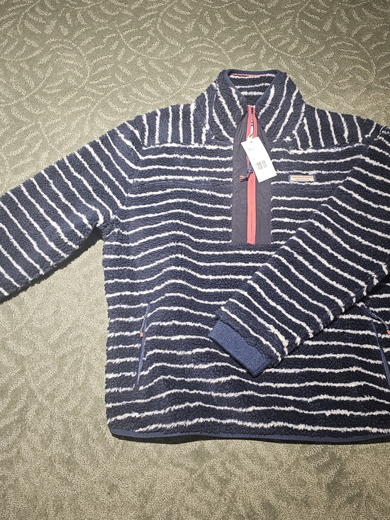 Vineyard Vines Tops - Vineyard Vines Navy and White Striped Sherpa Zip Pullover with Coral Trim
